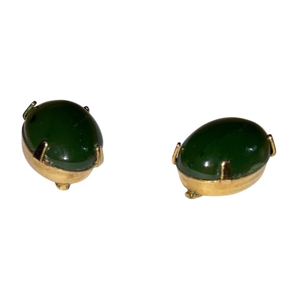 Vintage 12K Gold Filled Screw Back Jade Earrings Oval Cabochon Green Gemstone Cl - Picture 10 of 12